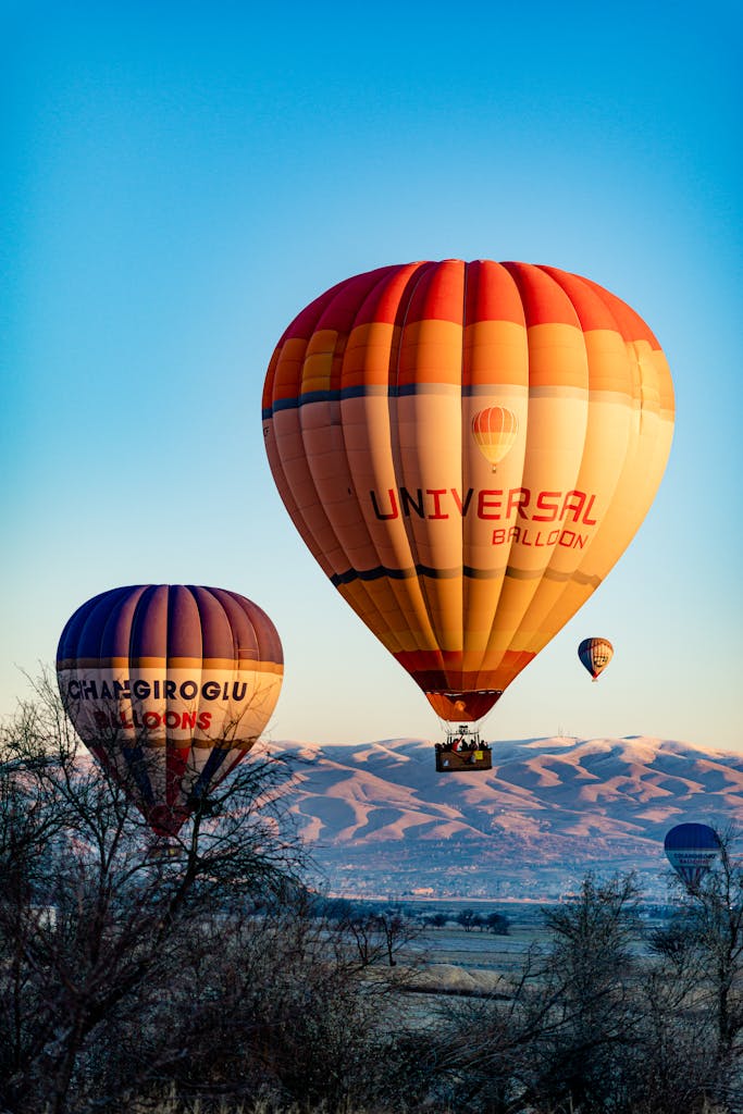 Colorful hot air balloons float over a breathtaking mountain valley at sunrise, capturing a sense of adventure and serenity.