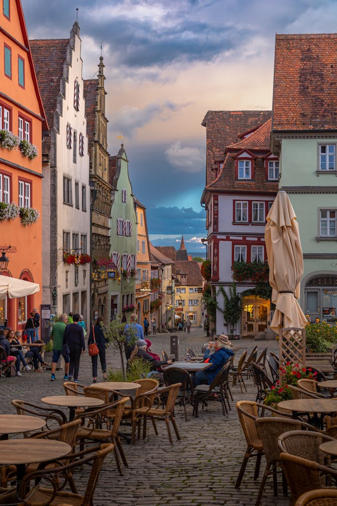 Picturesque view of a medieval street in Rothenburg ob der Tauber, Germany.